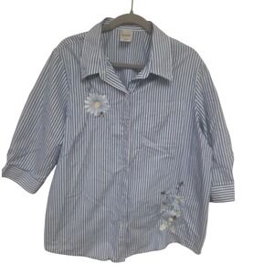 Blair Striped Daisy Bee Embroidered‎ 3/4 Sleeve Collared Button Down Shirt XL